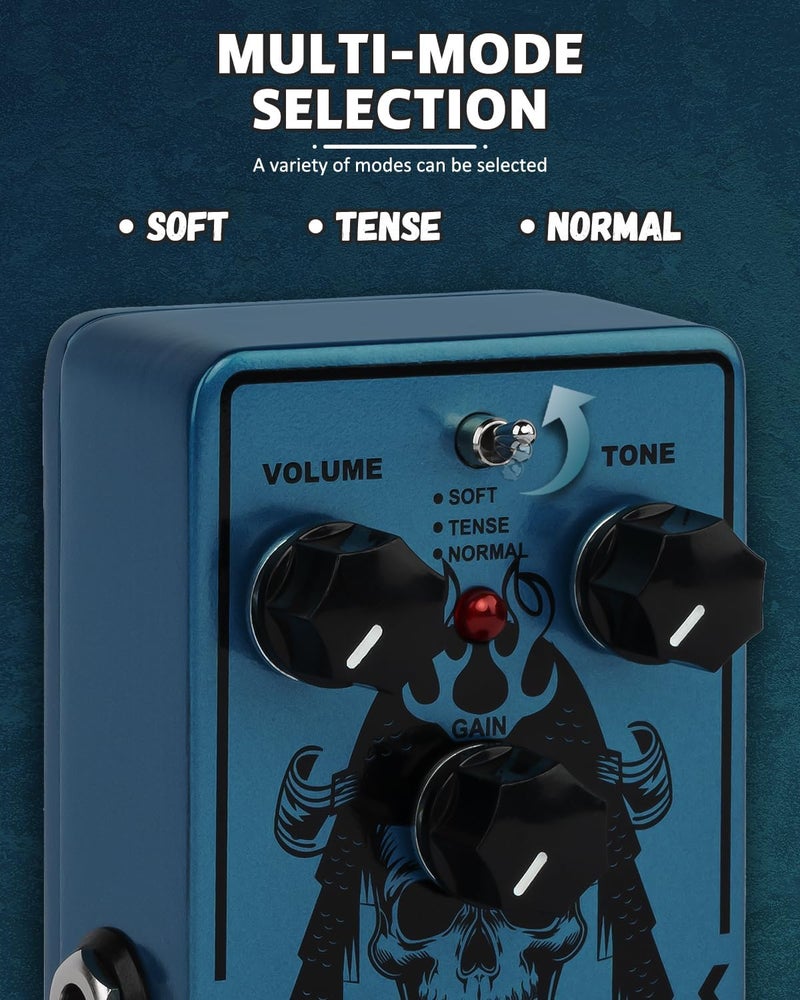 STRICH SUPER RIOT High Gain Distortion Pedal for Electric Guitar, Compact and Mini Design, True Bypass, 3 Control Knobs, Volume, Tone, Gain, Three Modes, Soft, Tense, Normal, 9V DC, Dark Blue - Image 4